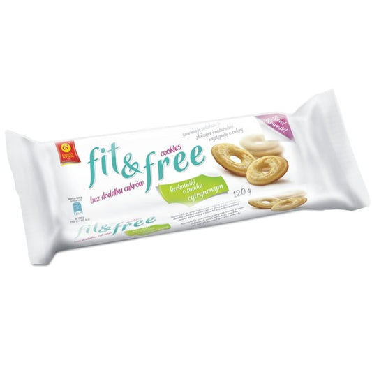 Cukry Nyskie Fit & Free Zitronenkekse ohne Zucker, 120g, knusprige Zitronenkekse in Packung auf weißem Hintergrund