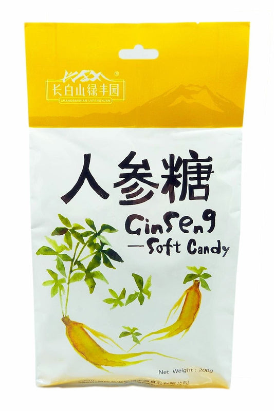 Ginseng Softbonbons von MERIDIAN in einem 200g Beutel, zeigt die weichen Bonbons mit Ginseng-Extrakt in der Verpackung