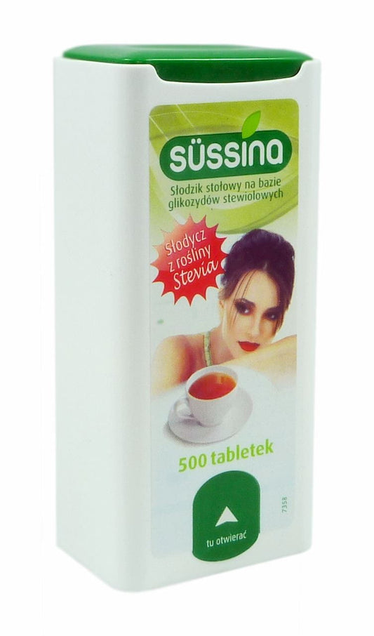 Sussina Stevia Tabletten von LANGSTEINER, 500 Stück, Nahaufnahme der Verpackung mit grüner Stevia-Illustration