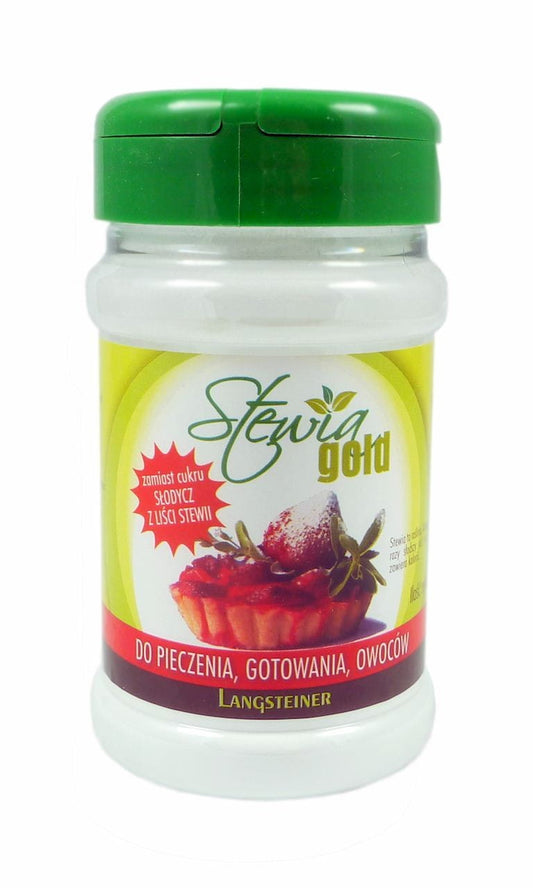Gold Stevia Pulver von LANGSTEINER, 150g, feines grünliches Pulver in einer transparenten Verpackung.