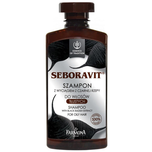 SEBORAVIT-Shampoo von FARMONA in 330ml Flasche, zeigt die Produktverpackung und das Shampoo-Design.