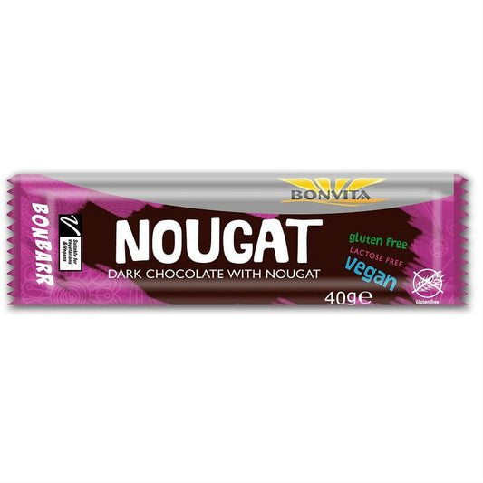 Glutenfreier, laktosefreier Nougatriegel von BONVITA, BIO, 40 g, mit cremiger Nuss-Nougat-Füllung.