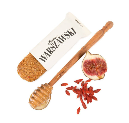 Buchweizenriegel mit Sesam und Goji von BATON WARSZAWSKI, 60g, geöffneter Riegel mit Sesam und Goji-Beeren sichtbar