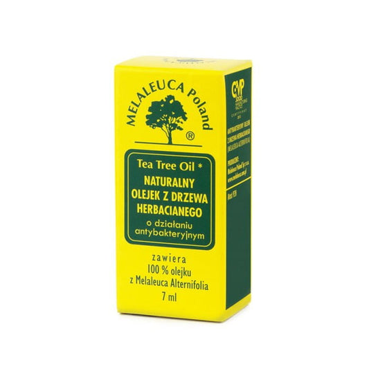 Natürliches Teebaumöl von MELALEUCA in 7ml Flasche, reines Öl mit grünen Blättern auf weißem Hintergrund.