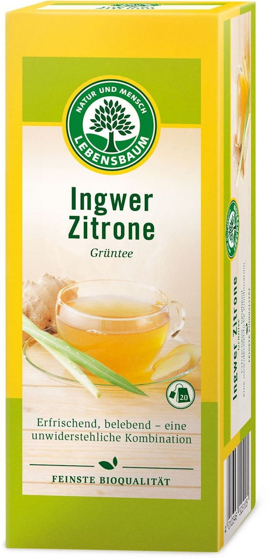 Bio grüner Tee mit Ingwer und Zitrone im Teebeutel, LEBENSBAUM, 20 Stück à 2 g, frische Kräutermischung in Beutel verpackt