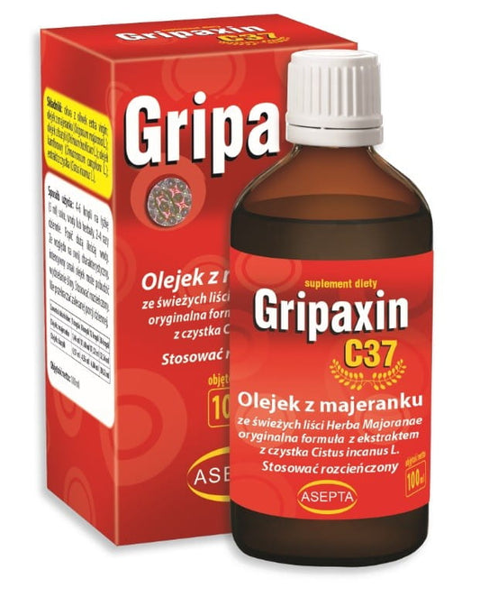 Flasche Gripaxin C37 mit Majoran- und Basilikumöl sowie ASEPTA-Zistrosenextrakt, 100 ml, auf weißem Hintergrund.