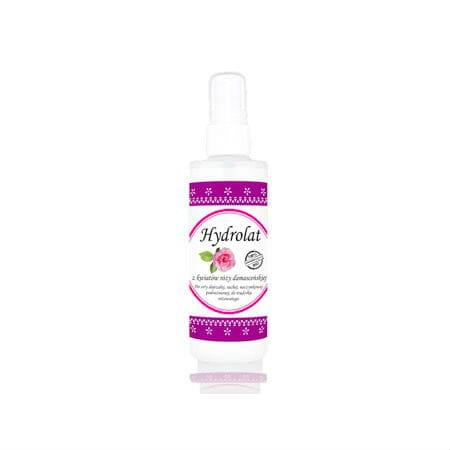 Damaszener-Rosenblütenhydrolat von COSMOSPA, 100ml Flasche mit Rosenblüten für natürliche Hautpflege, auf weißem Hintergrund