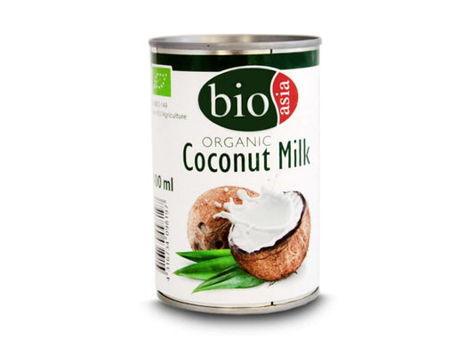 Bio Kokosmilch von BIO ASIA in 400 ml Packung, cremige Kokosmilch für asiatische Gerichte, sichtbare Verpackung und Logo.