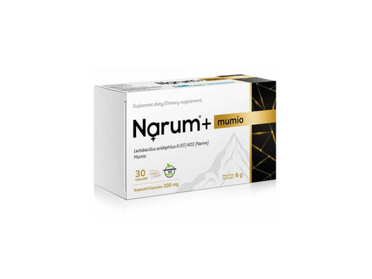 NARUM Mumio 30 Kapseln, 6g, in einer geöffneten Packung mit Kapseln und Mumio-Pulver sichtbar, natürliche Nahrungsergänzung