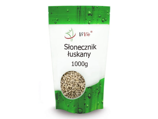 Geschälte Sonnenblumenkerne von VIVIO in einer 1000g Packung, helle Kerne in einer offenen Verpackung, ideal für Snacks oder Kochen.