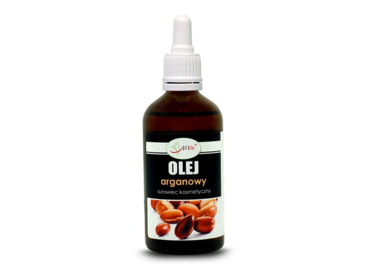 Kaltgepresstes Arganöl von VIVIO in 100 ml Flasche, flüssiges Öl mit goldener Farbe, Nahaufnahme der Flasche vor hellem Hintergrund