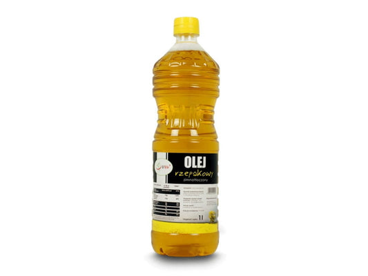 Kaltgepresstes Rapsöl von VIVIO in 1-Liter-Flasche, goldgelber Farbton, flüssige Textur, ideal für Kochen und Salate