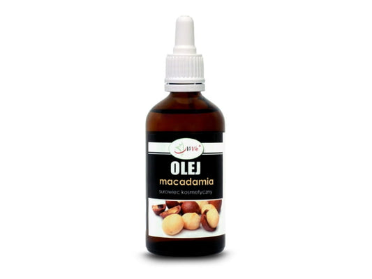 VIVIO Macadamiaöl in 100ml Flasche, flüssiges Öl mit goldener Farbe, ideal für Haut und Haarpflege.