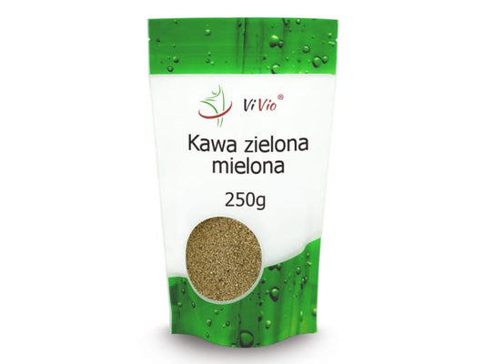 Gemahlener Rohkaffee von VIVIO in 250 g Packung, zeigt die braune Kaffeebohnenmischung in einer offenen Verpackung.