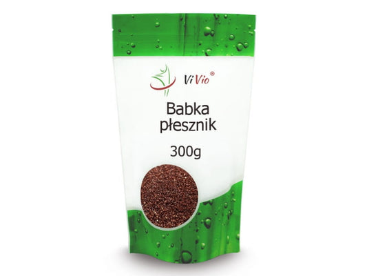 VIVIO Flohsamenkorn 300g, nahaufnahme der hellbraunen Samen in einer transparenten Verpackung.