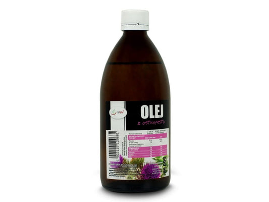 Kaltgepresstes Mariendistelöl in 500ml Flasche von VIVIO, dunkle Glasflasche mit goldener Beschriftung und Pipette.