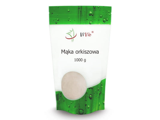 Dinkelmehl Typ 680 von VIVIO in 1000g Packung, feines helles Mehl für Backwaren, Nahaufnahme der Verpackung