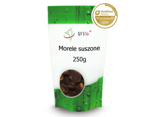 Getrocknete Aprikosen von VIVIO, 250g, nah aufgenommen, zeigt die getrockneten, orangefarbenen Aprikosen im Beutel.