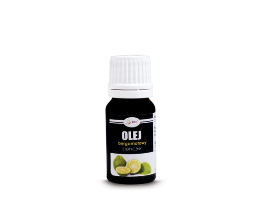 Bergamotteöl 10ml von biogo, Flasche mit gelber Zitrusfrucht auf weißem Hintergrund, natürliches ätherisches Öl für Aromatherapie