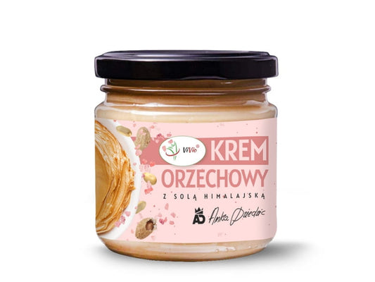 Erdnusscreme mit Himalayasalz von VIVIO, 200g, cremige Erdnussbutter mit Salz, in Glasdose auf weißem Hintergrund