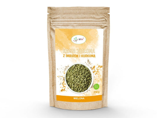 Grüner Kaffee mit Ingwer und Kurkuma in 250g Packung, VIVIO, zeigt die Verpackung und das Produkt vor einem neutralen Hintergrund.