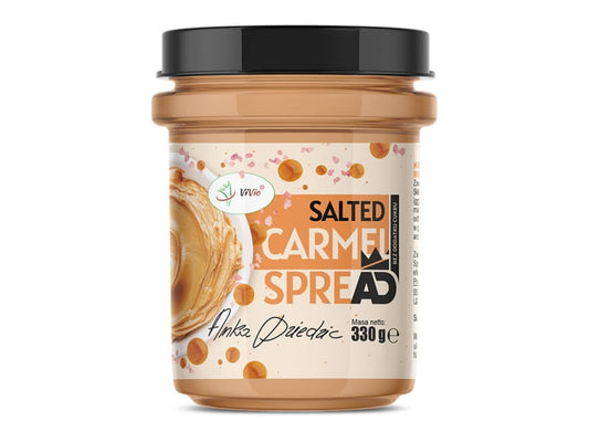 VIVIO Erdnusscreme mit gesalzenem Karamell in 330g Glas, cremige Nussbutter mit salzigem Karamellgeschmack, sichtbar im Glas