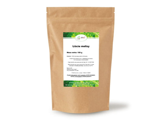 Frische Melissenblätter in 100g Verpackung von VIVIO, getrocknet und grün, ideal für Tee und Kräutermedizin.