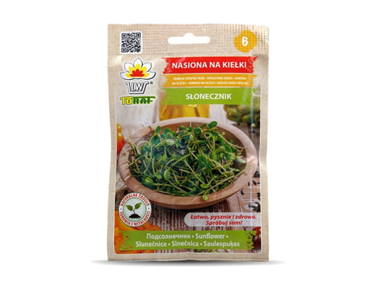 Sonnenblumenkerne Sprossen von TORAF in 20g Packung, frisch und knusprig, auf weißem Hintergrund sichtbar
