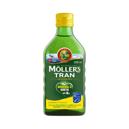 Norwegisches Zitronenöl von MOLLER'S MOLLERS in 250 ml Flasche, frischer Zitronenduft, ideal für Küche und Aromatherapie.
