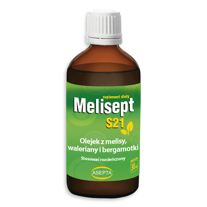 Flasche mit Melisept s21 30ml Öl von ASEPTA, enthält Melisse, Baldrian und Bergamotte, für Entspannung und Wohlbefinden