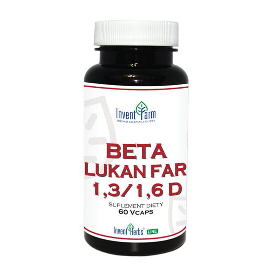 Beta-Glucan-Farm 13/16 D Nahrungsergänzungsmittel in 60 Kapseln, von INVENT FARM, sichtbare Verpackung und Kapseln auf dem Bild