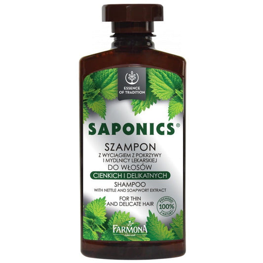 Flasche mit 300ml Farmona Saponics Shampoo mit Brennnesselextrakt, flüssiges Shampoo für Haarpflege, auf weißem Hintergrund