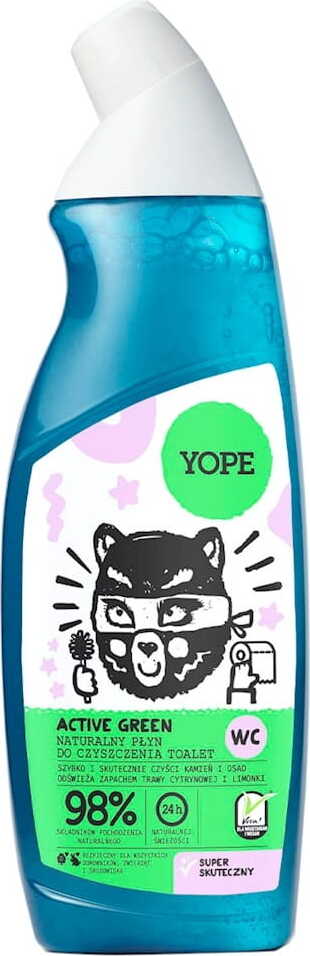 Aktives grünes Toilettenreinigungsgel von Yope in einer 750ml Flasche, zeigt das Produkt in einer Badezimmerumgebung.