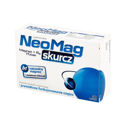 Neomag Kontraktion Magnesium B6 + Kalium Tabletten von Aflofarm, Packung mit 30 Tabletten, Nahaufnahme der Tabletten in der Verpackung