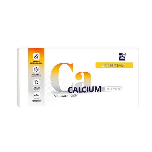 Calcium + Rutin Tabletten von DrVita, Nahaufnahme der Packung mit 15 Tabletten in einer Blisterverpackung.
