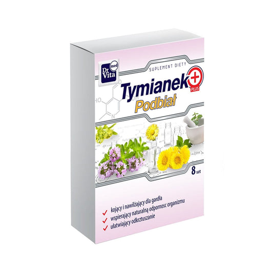 DrVita Thymian und Huflattich Lutschtabletten, 8 Stück, in Packung mit Tabletten und Kräuterbestandteilen sichtbar