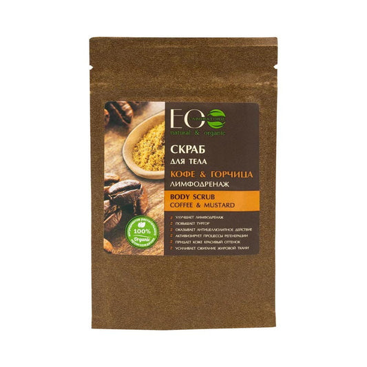 Körperpeeling mit Kaffee und Senf von Eco Laboratorie, 40 g, sichtbare Textur und Verpackung in der Abbildung