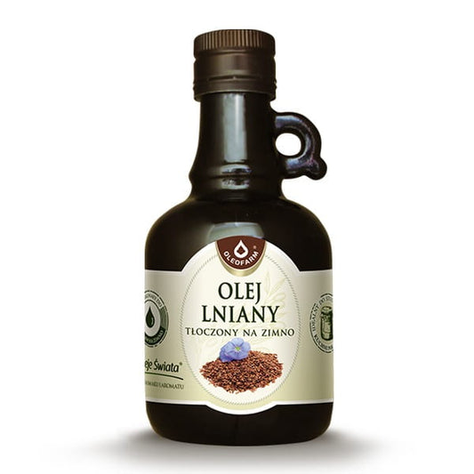 Kaltgepresstes Leinöl von OLEOFARM in 250ml Flasche, rohes, dunkles Leinöl für gesunde Ernährung und Zubereitung