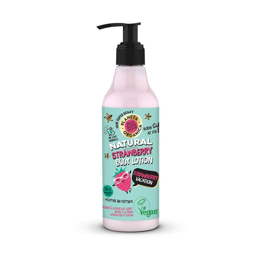 Erdbeer-Körperlotion von EUROBIO LAB, feuchtigkeitsspendend, 250 ml Flasche mit Erdbeer-Design.