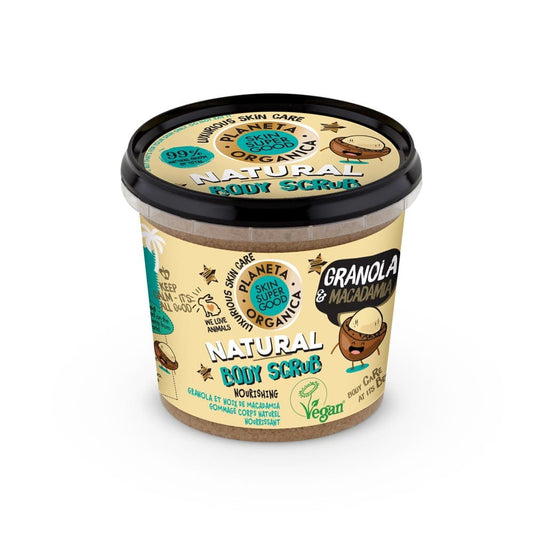 EUROBIO LAB Granola & Macadamia Körperpeeling, 360 ml, mit natürlichen Inhaltsstoffen, zeigt die Peeling-Textur und Verpackung