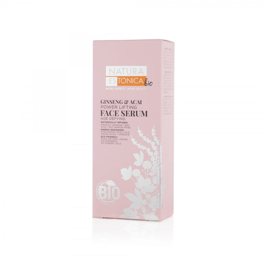 Anti-Falten-Gesichtsserum mit Ginseng und Acai in 30 ml Flasche, sichtbar auf der EUROBIO LAB Verpackung.