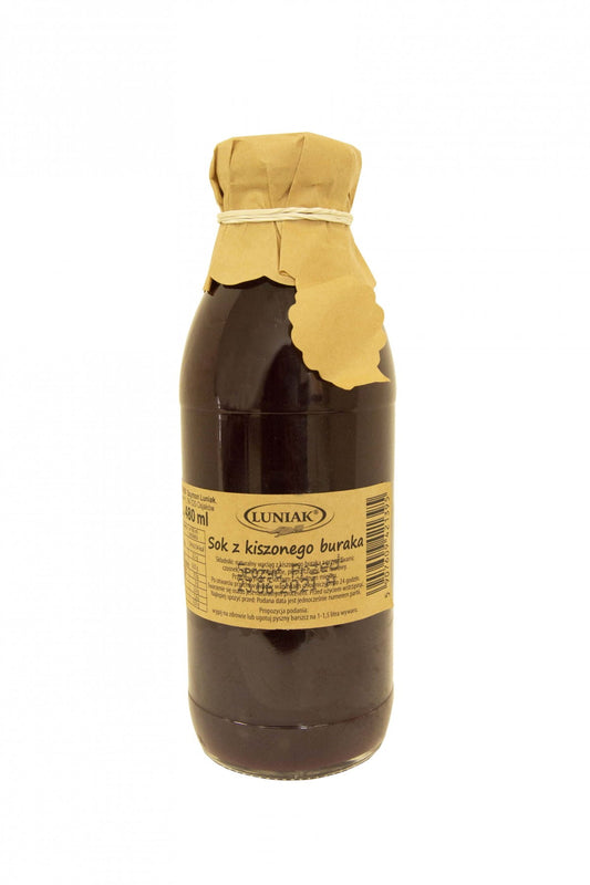 Eingelegter Rübensaft in 480ml Flasche von LUNIAK, dunkle Flüssigkeit mit Rübenstücken, naturbelassen und frisch.