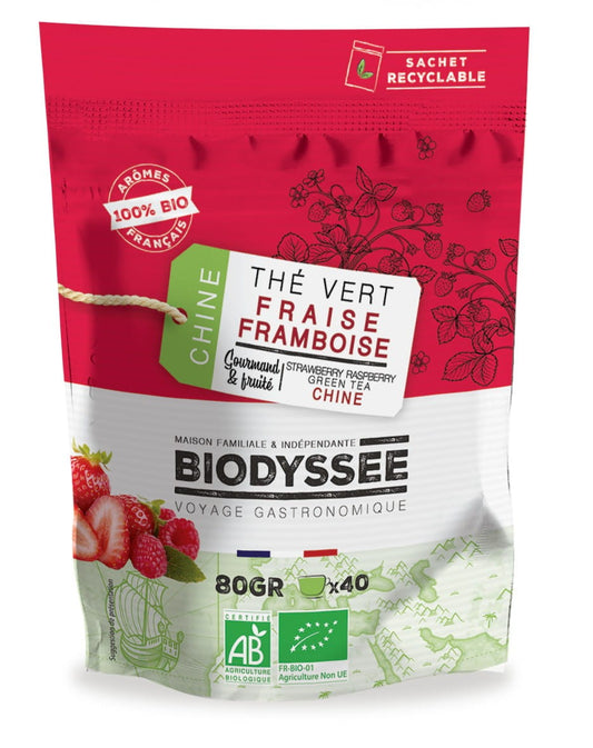 Grüner Tee mit Erdbeere und Himbeere, 80g, Biodyssee, bio-zertifiziert, frischer Früchtetee in Packung