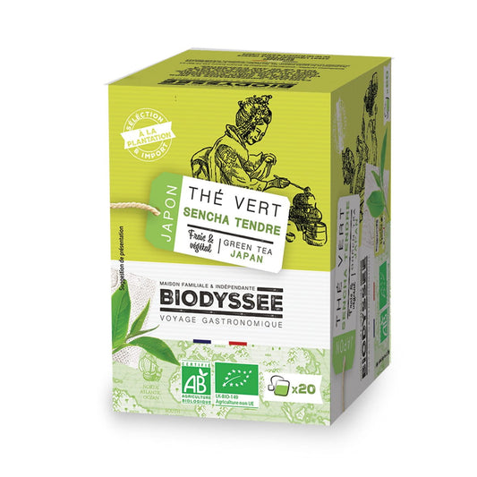 Grüner Sencha-Tee von Biodyssee, 20 Teebeutel à 1,8g, biologisch angebaut, in einer Packung mit grünen Teeblättern