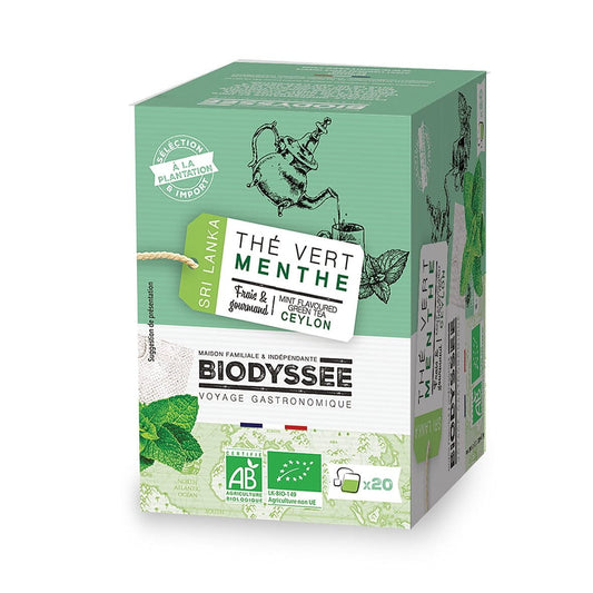 Grüner Bio-Tee Ceylonminze von Biodyssee, 20 Teebeutel à 1,8g, frischer grüner Tee mit Minzgeschmack, Eco-zertifiziert.