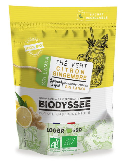 Grüner Tee mit Ingwer und Zitrone, 100g, Biodyssee, Bio-Teemischung in einer transparenten Verpackung