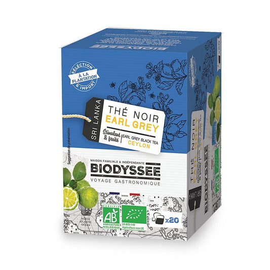 Schwarzer Earl Grey Ceylon Tee von Biodyssee, 20 Teepäckchen à 2g, Bio-Qualität, aromatischer Tee in Packung.