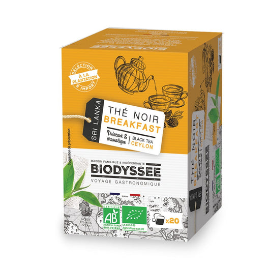 Bio Ceylon Schwarzer Frühstückstee, 20 Teebeutel à 2g, aus biologischem Anbau, von Biodyssee, in Packung sichtbar