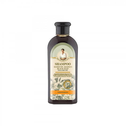 Schwarzes EUROBIO LAB 37 Herbs Haarshampoo in 350 ml Flasche, stärkend für gesundes Haar, sichtbarer Shampoo-Container.