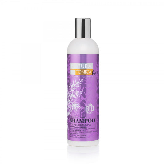 Haarshampoo Länge und Stärke von EUROBIO LAB, 400 ml, Flasche mit weißem Shampoo für kräftiges, langes Haar.